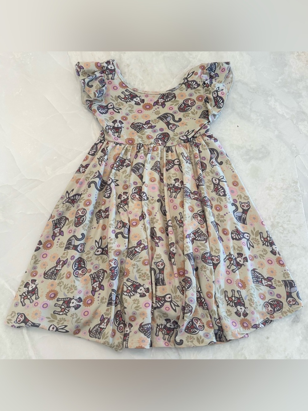 DotDotSmile Girls 3/4 Twirl Dress Sugar Skull Animals Floral Flutter Sleeve
